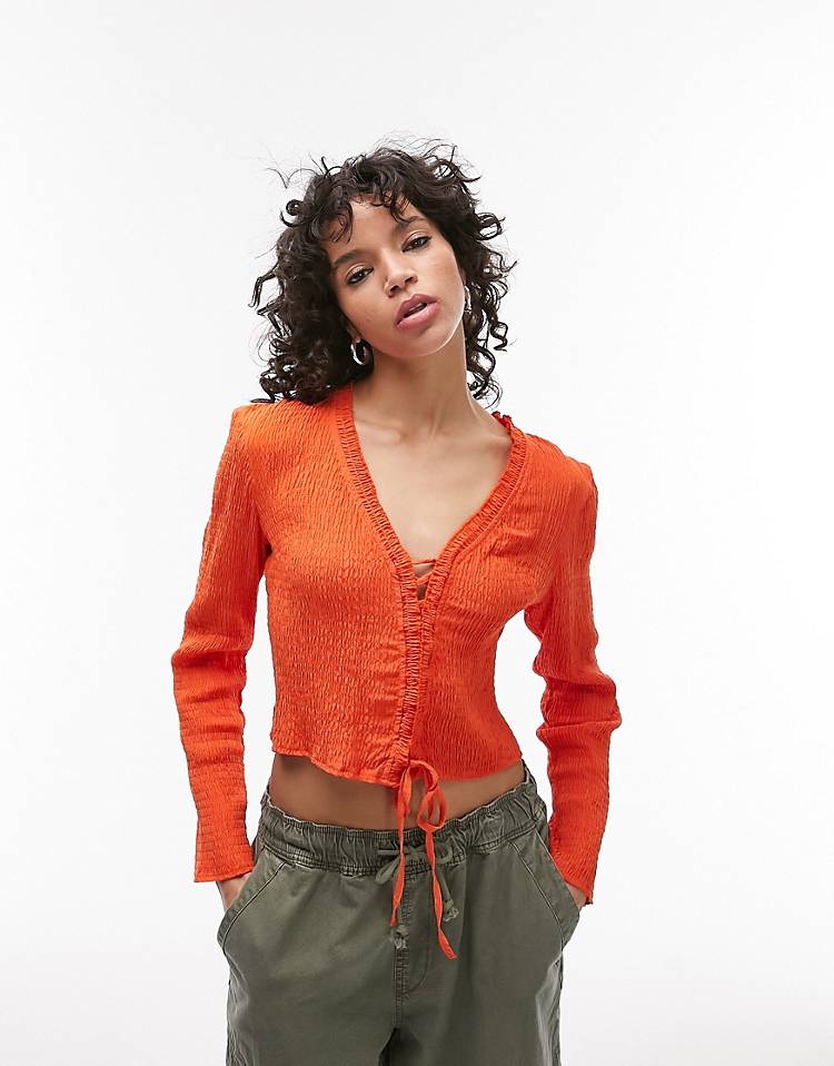 Topshop long sleeve lace up textured top in orange